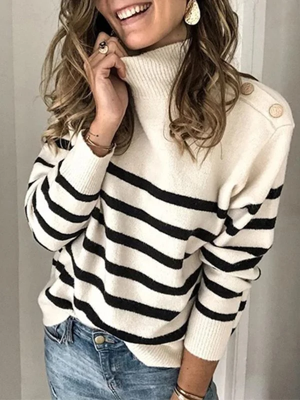 Seindeal Striped Print Buttons High Neck Maternity Sweater