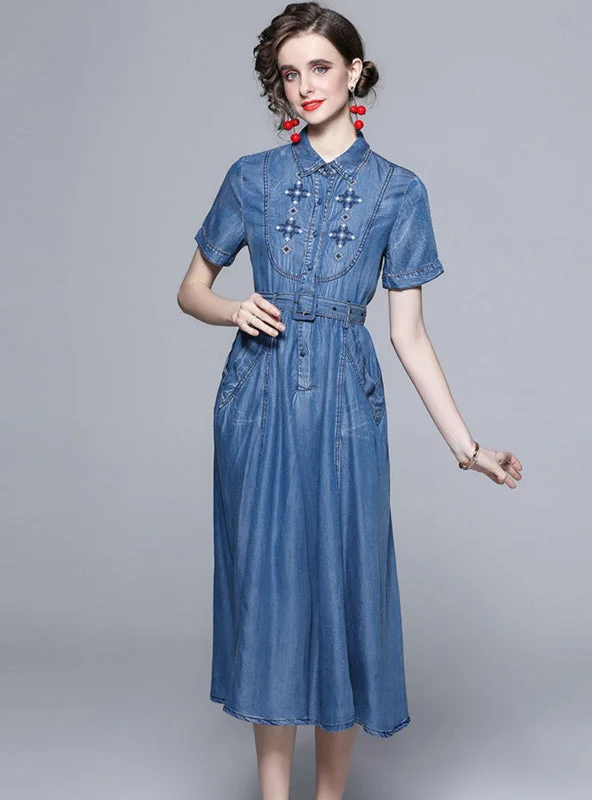 Silk Waistband Short Sleeve Denim Dress