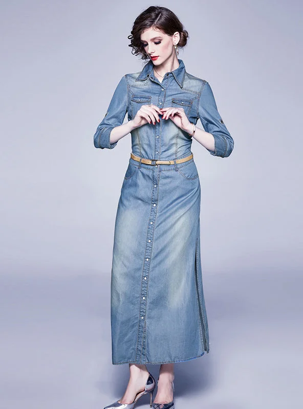 Split Blue Tencel Denim Lapel Dress