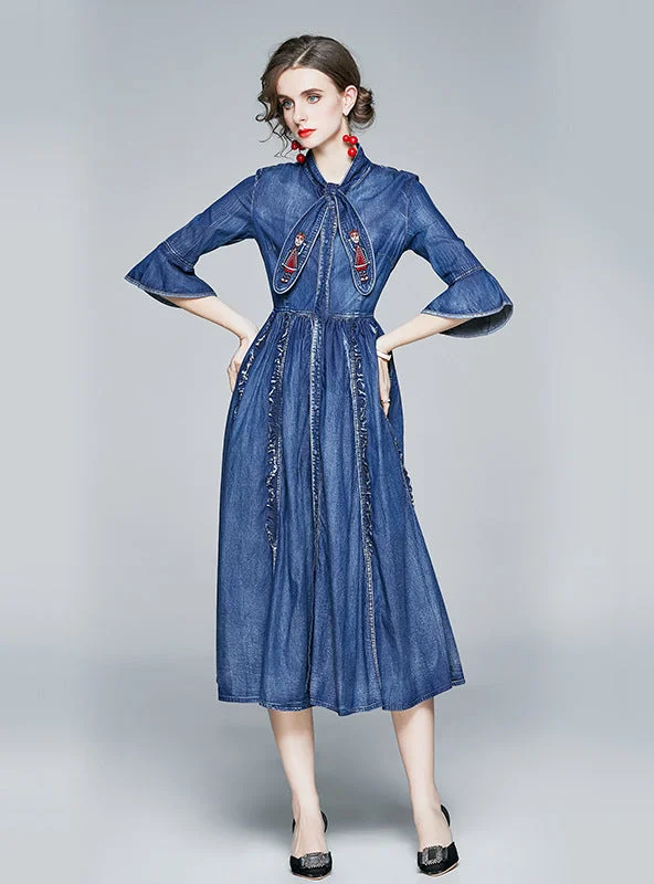 Trumpet Sleeves Embroidered Denim Dress