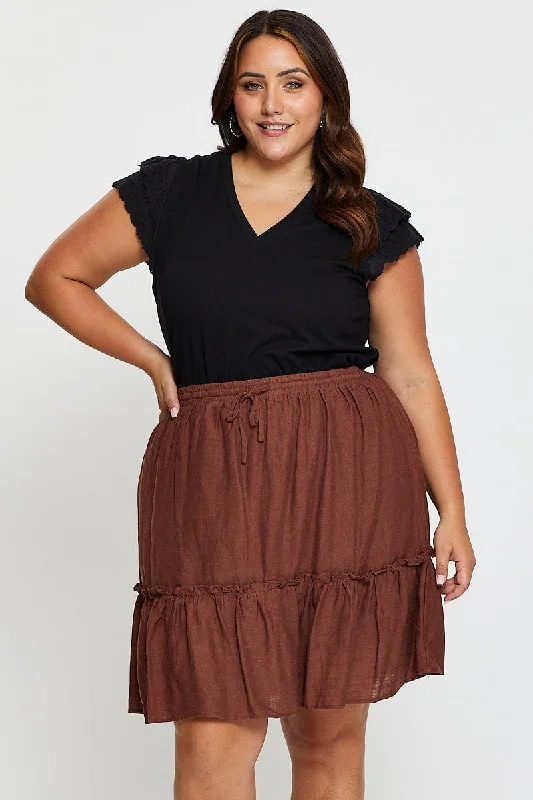 Brown High Waist Linen Blend Skater Mini Skirt