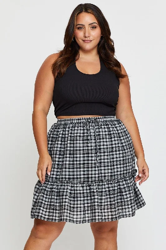 Check Mini Skater Skirt Elastic Waist