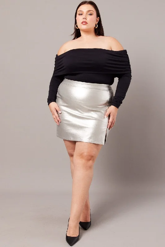 Metallic Faux Leather Split Mini Skirt