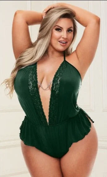 Baci Lingerie Sexy Satin and Lace Open Crotch Teddy Forest Green Queen Size Crotchless Teddy