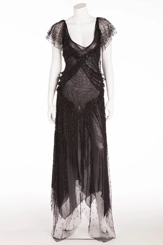 Blumarine - Editorial, Black Lace Long Dress with Sequins and Fringe - IT 42