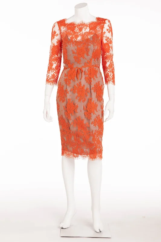 Carolina Herrera - Long Sleee Dress Orange Lace with Nude Underlay - US 4