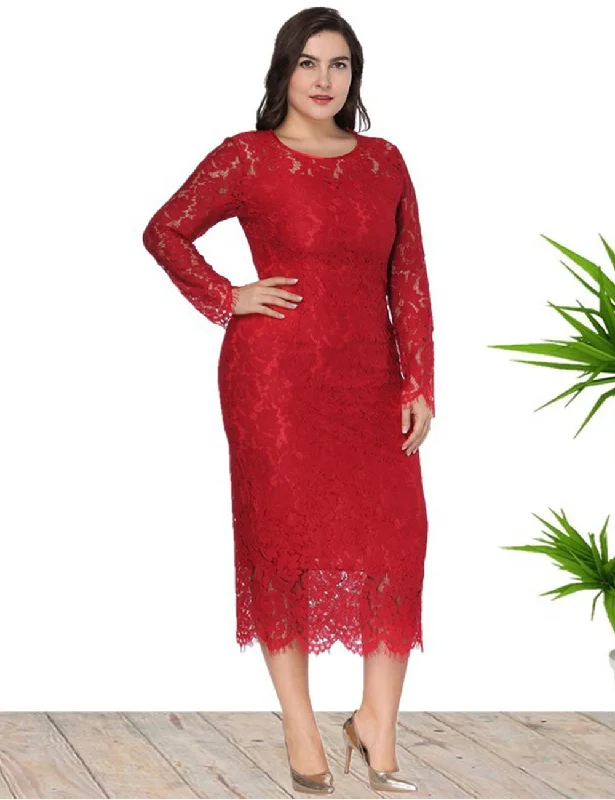 Women Plus Size Long Sleeve Lace Slim Gown Dress