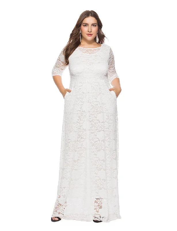 Women Plus Size New Hollow Lace Pocket Dress