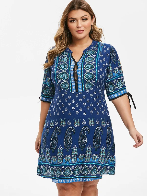 Split Sleeve Ethnic Printed Plus Size Dress Split Half Sleeves A-Line Paisley Print V-neck Bow Women Casual Dress 2019