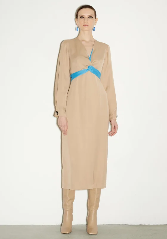 Birelin V Neck Midi Dress, Beige & Blue