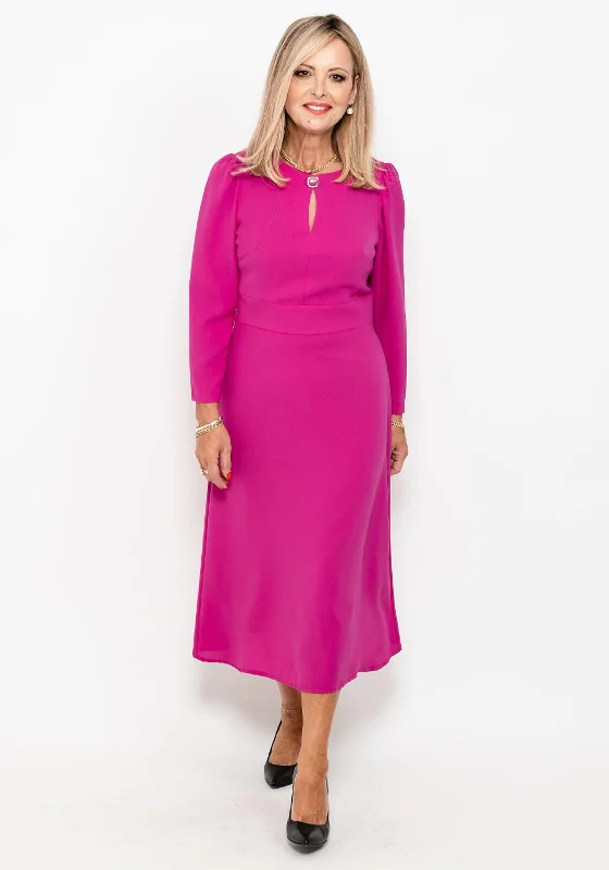 Camelot Button Neck A Line Midi Dress, Magenta