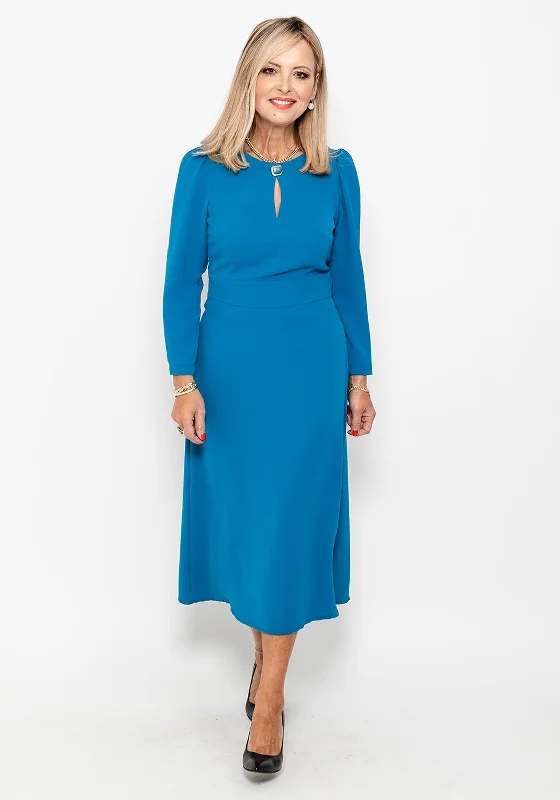 Camelot Button Neck A Line Midi Dress, Petrol Blue