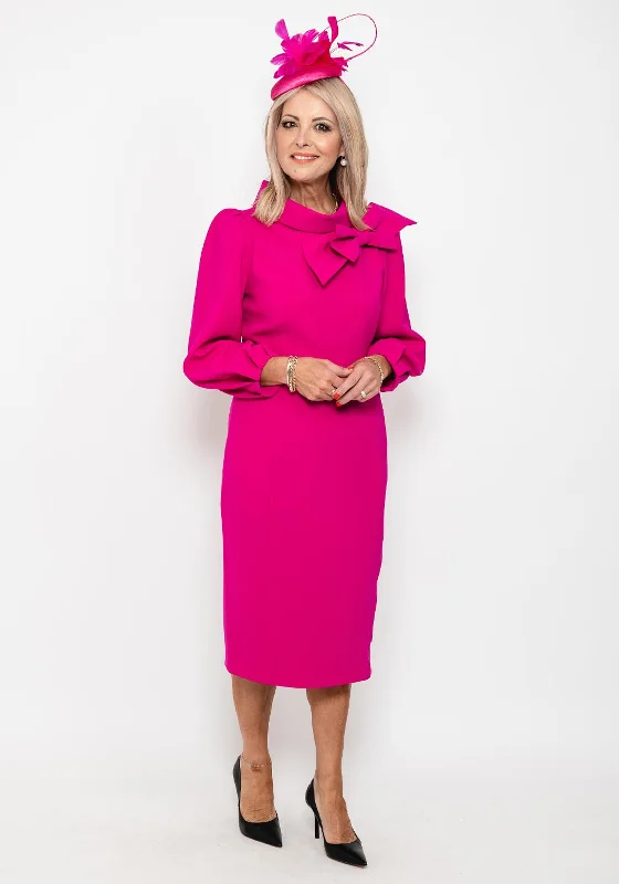 Claudia C Maia Bow Neck Midi Dress, Fuchsia