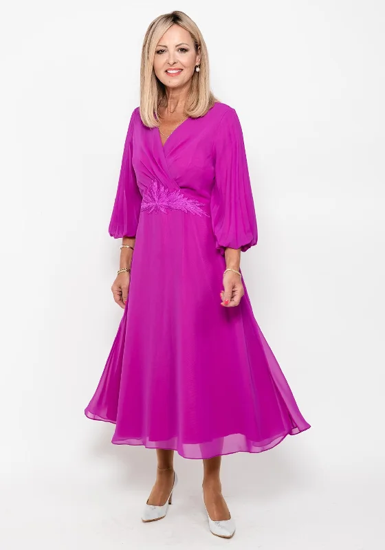 Lizabella Pleated Sleeve Chiffon Midi Dress, Fuchsia