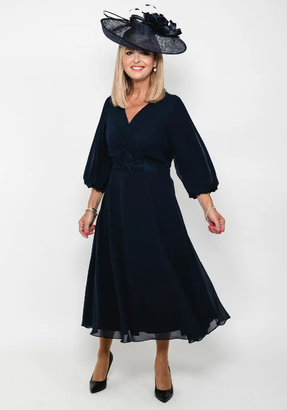 Lizabella Pleated Sleeve Chiffon Midi Dress, Navy