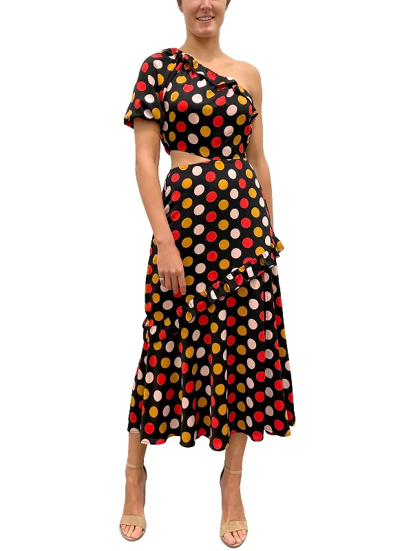 Womens Polka Dot One Shoulder Midi Dress