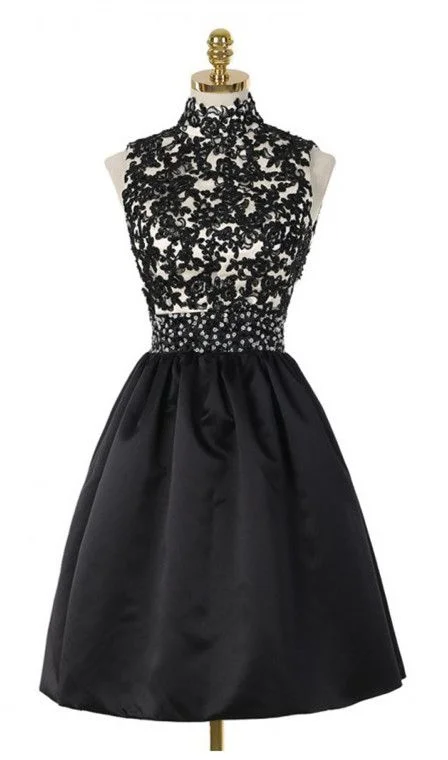 A-Line High Neck Open Back Above-Knee Black Corset Homecoming Dress 2024 with Lace Sequins Gowns