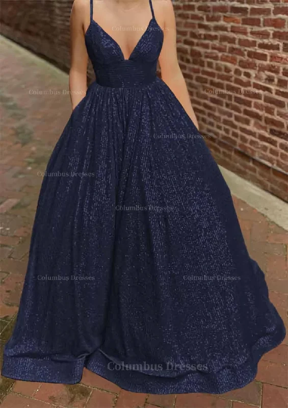 A-line V Neck Sleeveless Sweep Train Sequined Corset Prom Dress with Pockets Gowns