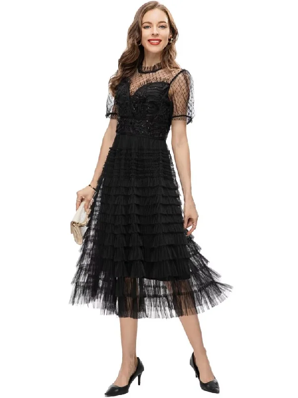 Ruffles Sequined Gauze Cascading Dress