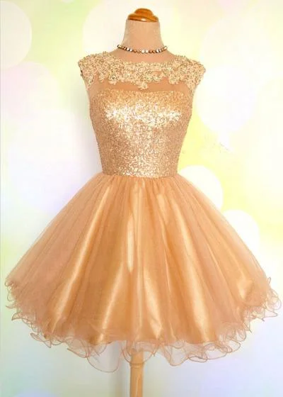 Cap Sleeve Jewel Appliques Sequins Sheer A Line Gold Organza Backless Corset Homecoming Dresses outfit