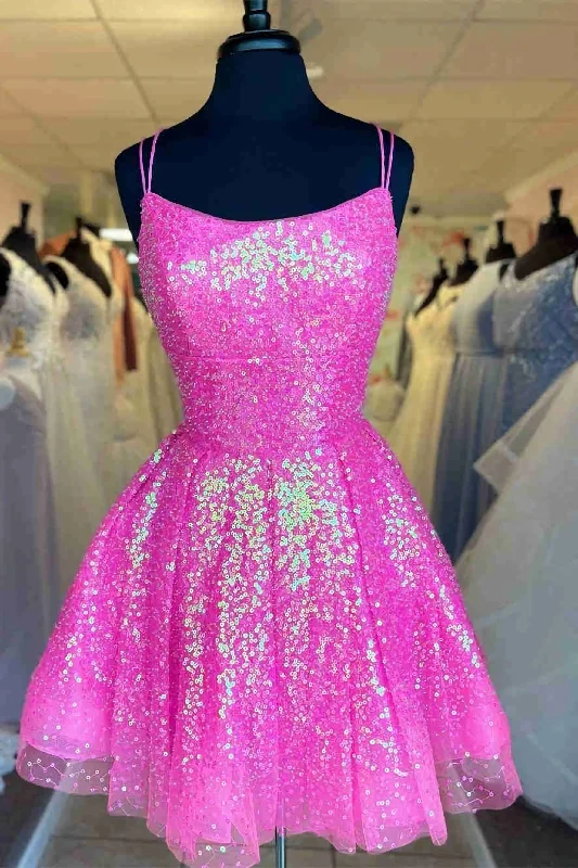 Cute Hot Pink Sequins A-Line Corset Homecoming Dress Hoco Night Dresses outfit