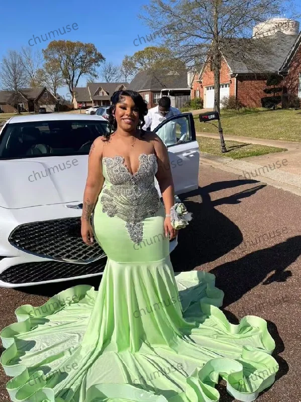 Mint Green Sparkly Mermaid Prom Ceremony Formal Dresses for Black Girl Luxury Diamond Evening Birthday Gala Dress Plus Size