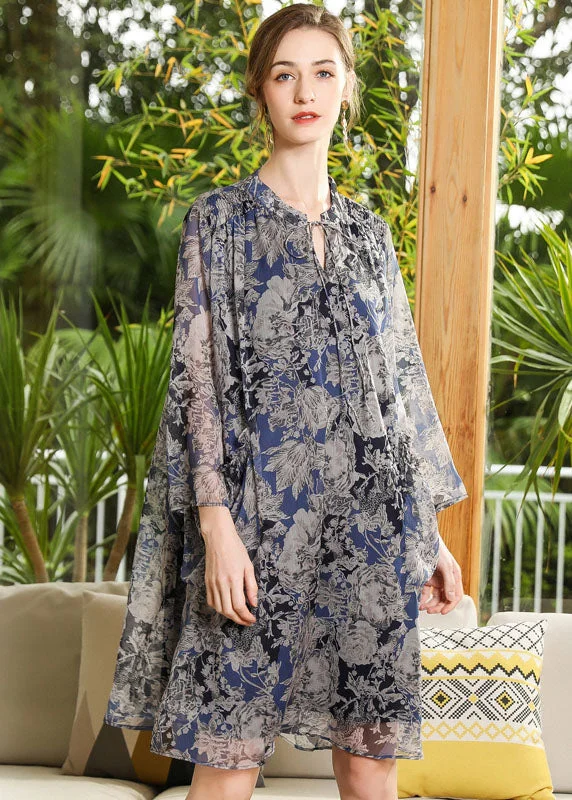 Plus Size Stand Collar Oversized Print Chiffon Holiday Dress Long Sleeve LY0256