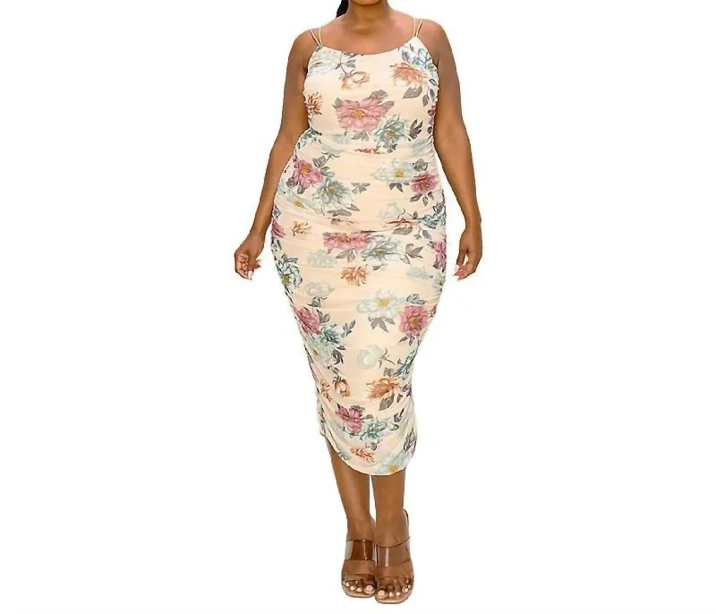 Print Mesh Cinch Dress Plus Size In Cream