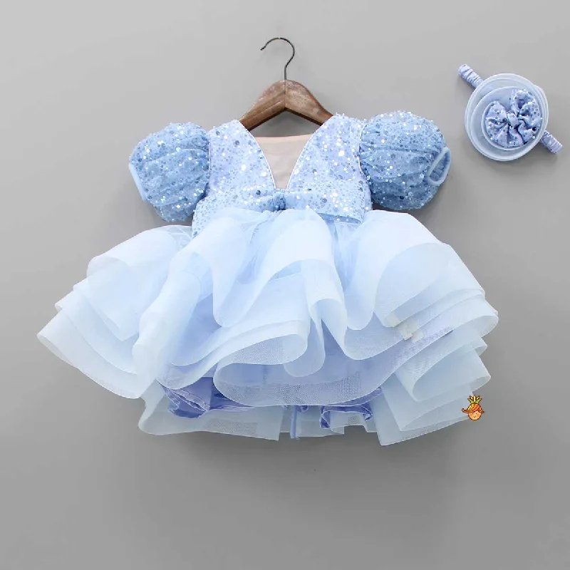 Sequined Blue Puff Sleeves Ruffle Dress With Bowie Head Band