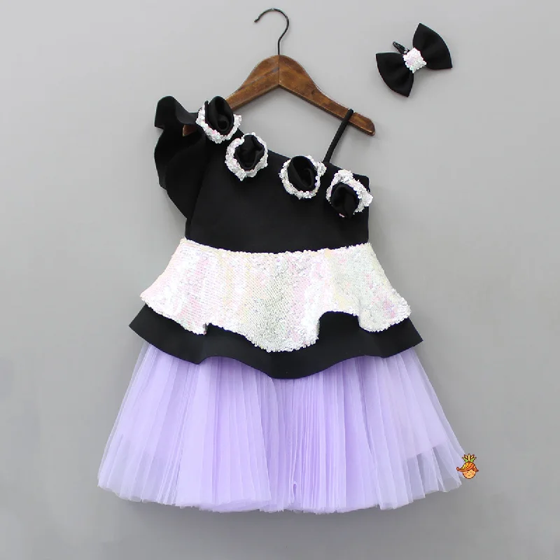 Sequins Embellished Peplum Dress With Net Bottom And Matching Bowie Hair Clip