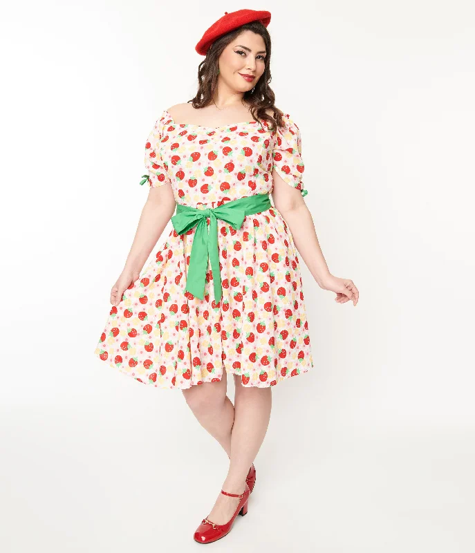 Unique Vintage Plus Size Pink Floral Strawberries Dakota Flare Dress