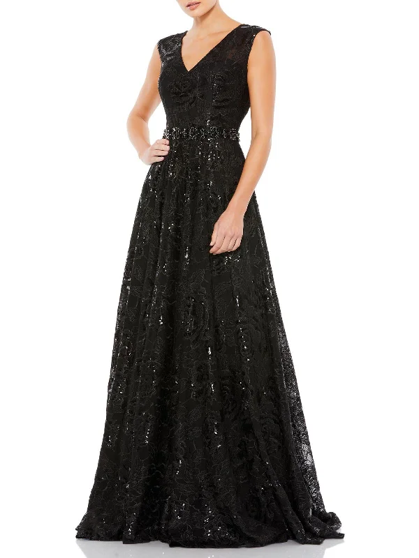 Womens Embroidered Sequin Evening Dress