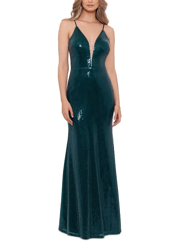 Womens Sequined Plunge Neckline Evening Dress