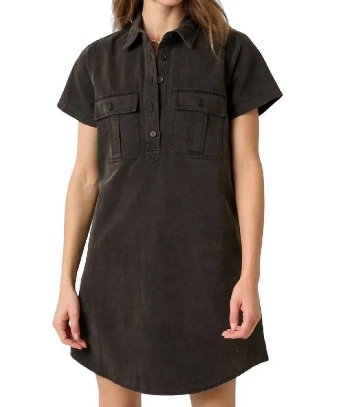 Acid Wash Shirt Dress In Black