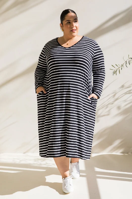 Long Sleeve T-Shirt Dress | Black/White Stripe