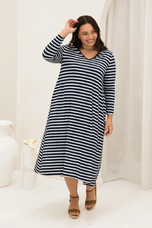 Long Sleeve T-Shirt Dress | Navy/White Stripe