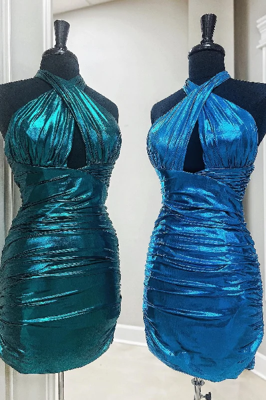 Halter Blue Metallic Tight Homecoming Dress