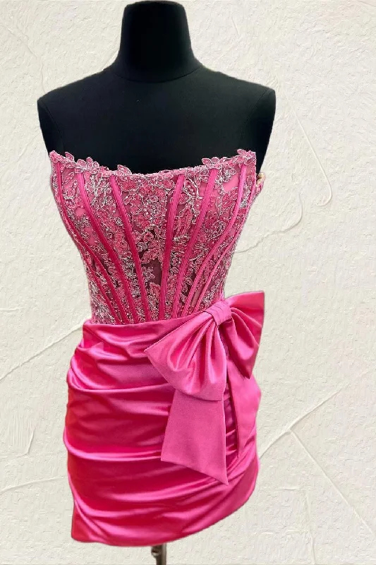 Hot Pink Appliques Ruched Tight Homecoming Dress with Bow