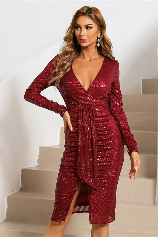 Long Sleeves Wine Red Sequins Bodycon Dress